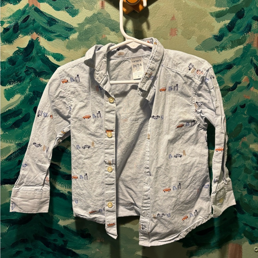 Carter's Light Blue Shirt with Vehicle Print
